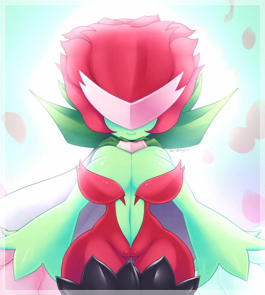 anthro bandai_namco big_breasts breasts camel_toe cleavage clothed clothing digimon digimon_(species) elemental_creature female flora_fauna flower_(anatomy) flower_petals fusion generation_4_pokemon hi_res hybrid legwear looking_at_viewer mask nintendo petals plant pokemon pokemon_(species) rosemon roserade sirredbenjamin smile solo thigh_highs