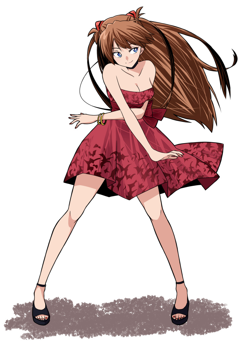 1girl absurdres bare_legs blue_eyes bracelet breasts brown_hair cleavage closed_mouth collarbone dress floating_hair full_body headgear highres jewelry long_hair medium_breasts nail_polish neon_genesis_evangelion red_dress red_nails sasihmi simple_background smile solo souryuu_asuka_langley standing strapless strapless_dress toenail_polish toenails very_long_hair white_background
