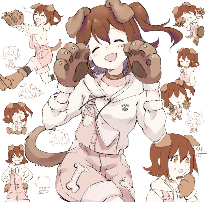 1girl ^_^ animal_ears animal_hands blush brown_coat brown_footwear brown_hair brown_overalls chibi chibi_inset closed_eyes closed_mouth coat collarbone dog_ears dog_tail fang gloves highres hood hoodie idolmaster idolmaster_million_live! idolmaster_million_live!_theater_days kasuga_mirai medium_hair multiple_persona open_mouth overalls paw_gloves paw_pose pyopyo side_ponytail single_strap smile solo tail white_hoodie