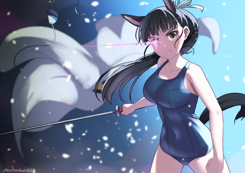 1girl animal_ears black_hair breasts clothes_removed collarbone covered_navel dog_ears dog_girl dog_tail eyepatch eyepatch_removed glowing glowing_eye hair_ribbon highres hiroshi_(hunter-of-kct) holding holding_sword holding_weapon katana large_breasts long_hair looking_at_viewer military_uniform old_school_swimsuit ponytail ribbon sakamoto_mio school_swimsuit solo strike_witches swimsuit sword tail twitter_username uniform weapon world_witches_series