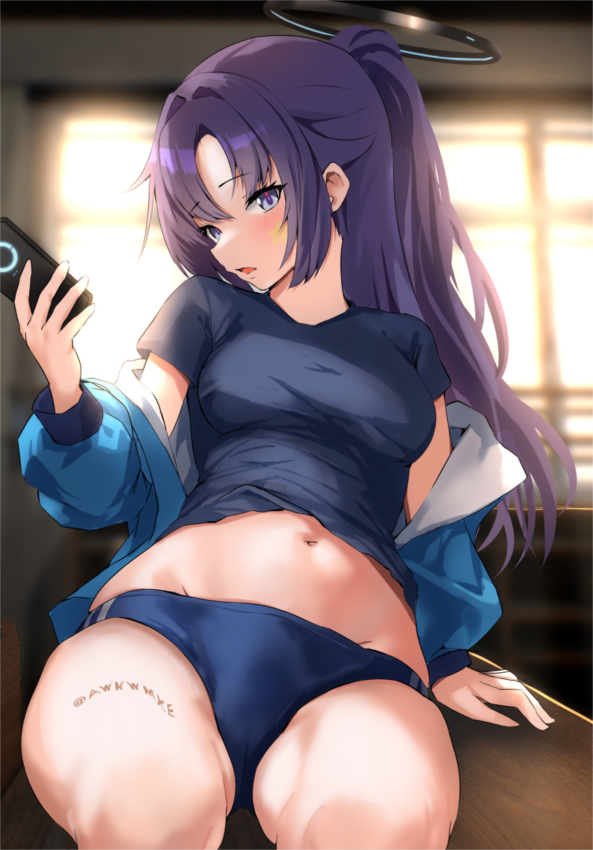1girl absurdres awnw black_shirt blue_archive blue_buruma blue_jacket blush breasts buruma commentary_request gym_shirt gym_uniform halo highres holding holding_phone indoors jacket jacket_partially_removed long_hair looking_at_viewer mechanical_halo medium_breasts midriff navel official_alternate_costume open_mouth parted_bangs phone purple_eyes purple_hair shirt sitting solo star_sticker sticker_on_face stomach track_jacket twitter_username yuuka_(blue_archive) yuuka_(track)_(blue_archive)