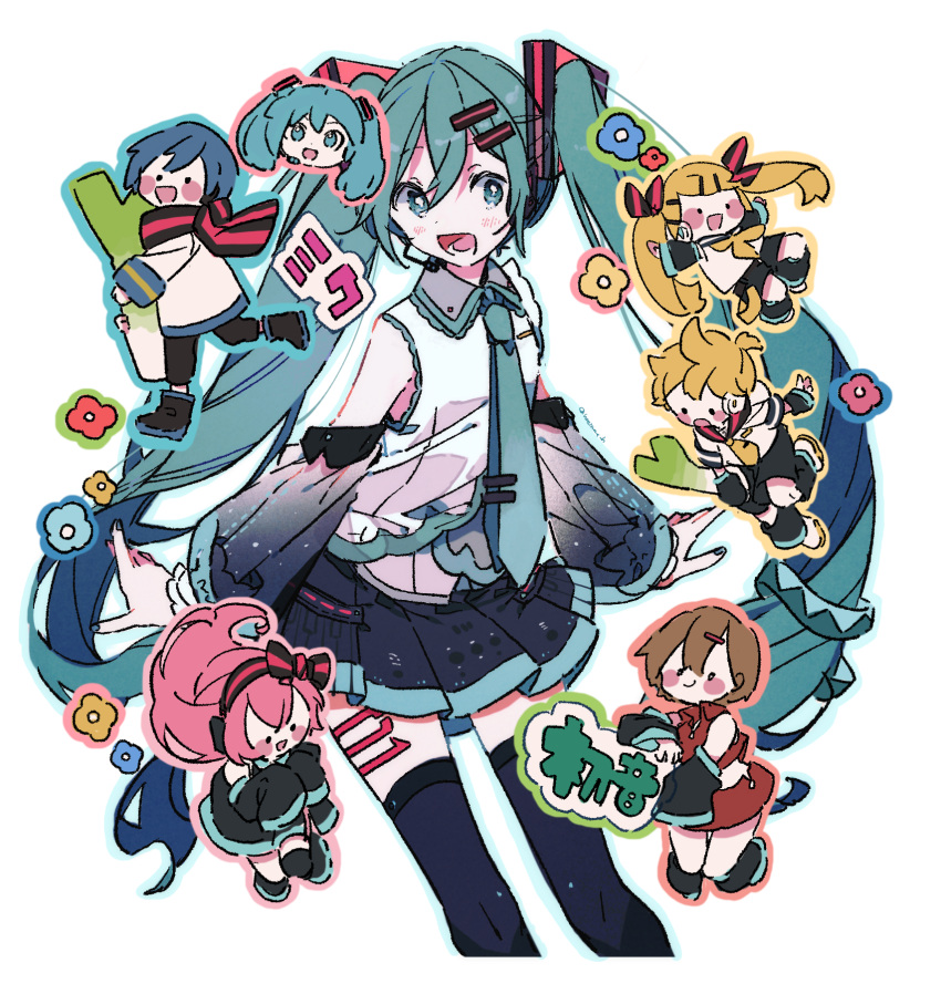 2boys 4girls black_bow black_footwear black_shorts black_skirt black_thighhighs blonde_hair blue_hair blush_stickers bow brown_hair character_name chibi commentary_request detached_sleeves flower green_eyes green_hair green_nails green_necktie green_outline hair_bow hair_ornament hairclip hatsune_miku hatsune_miku_(vocaloid3) hazime highres kagamine_len kagamine_rin kaito_(vocaloid) long_hair long_sleeves megurine_luka meiko_(vocaloid) multiple_boys multiple_girls nail_polish neckerchief necktie open_mouth outline pink_hair ponytail red_bow red_shirt red_skirt sailor_collar see-through see-through_sleeves shirt short_hair short_ponytail shorts skirt smile solo_focus striped striped_bow thighhighs tie_clip twintails vocaloid white_background white_shirt yellow_neckerchief yellow_necktie yellow_outline