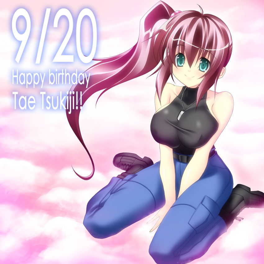 1girl absurdres aqua_eyes belt black_belt black_footwear black_shirt blue_pants boots bou breasts brown_hair cargo_pants character_name cloud covered_collarbone dog_tags hair_behind_ear halter_shirt halterneck happy_birthday highres large_breasts looking_up muv-luv muv-luv_altered_fable official_art pants shirt shirt_tucked_in side_ponytail sitting smile solo tsukiji_tae wariza