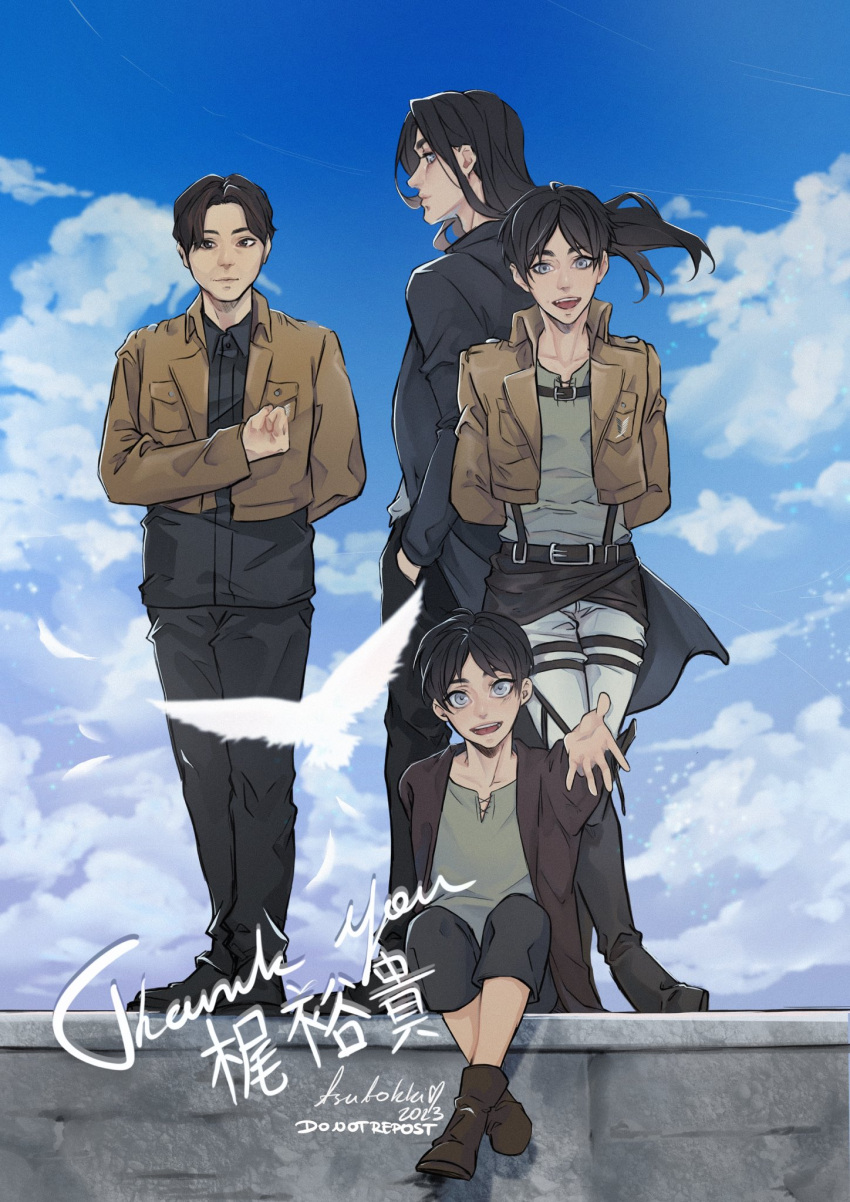 4boys age_progression back-to-back blue_sky cloud cloudy_sky eren_yeager full_body hand_on_own_chest highres looking_at_viewer male_focus multiple_boys outstretched_arm pants paradis_military_uniform reaching reaching_towards_viewer real_life salute shingeki_no_kyojin short_hair sitting sky smile thank_you time_paradox tsutokki voice_actor yuki_kaji