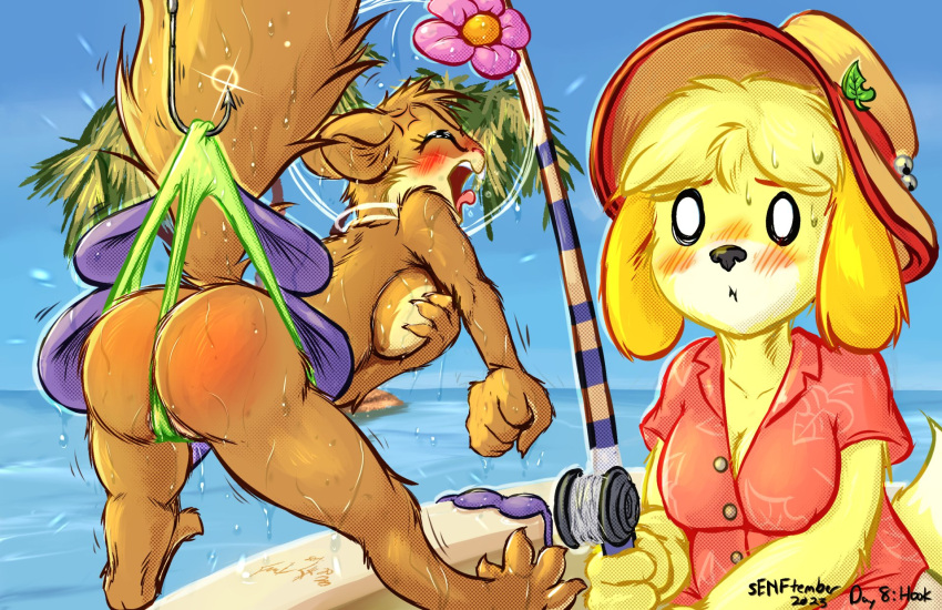animal_crossing anthro big_breasts blonde_hair blush bottomwear breasts brown_body brown_fur brown_hair buckteeth butt camel_toe canid canine canis cleavage clothed clothing covering covering_breasts covering_self cross-popping_vein crossover digital_media_(artwork) domestic_dog duo eyes_closed female fingers fishing fishing_rod frist44 fur hair hat headgear headwear hi_res holding_object isabelle_(animal_crossing) mammal nickelodeon nintendo open_mouth outside plant rear_view red_clothing red_shirt red_topwear rodent sandy_cheeks sciurid shih_tzu shirt size_difference sky spongebob_squarepants tail teeth tongue topwear toy_dog tree_squirrel underwear water wedgie wet wet_body wet_clothing wet_fur yelling yellow_body yellow_fur