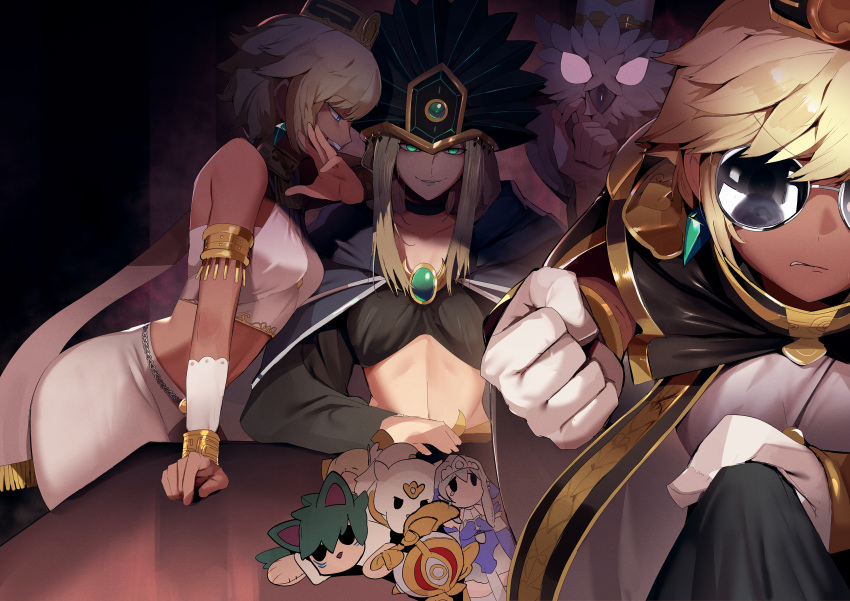 3girls agido_the_ancient_sentinel armlet bird blonde_hair cape character_doll clenched_hand clothes_pull commission crop_top duel_monster earrings felis_lightsworn_archer gloves green_eyes hand_up hat highres jewelry long_hair lumina_lightsworn_summoner lumina_twilightsworn_shaman midriff minerva_the_exalted_lightsworn multiple_girls owl pixiv_commission pov ro_g_(oowack) ryko_lightsworn_hunter selene_queen_of_the_master_magicians shadowpriestess_of_ohm shirt_pull short_hair smile sunglasses table tearlaments_kitkallos white_gloves yu-gi-oh!