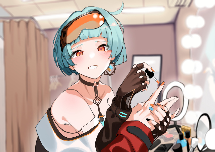 1girl 1other ahoge bare_shoulders black_nails blue_hair blue_nails blush breasts choker commander_(girls'_frontline) commission curtains earrings ert_raitsui fingerless_gloves girls'_frontline gloves goggles goggles_on_head highres indoors jewelry long_sleeves looking_at_viewer nail_polish non-web_source orange_eyes orange_nails painting_nails short_hair single_earring skeb_commission smile solo_focus table vanity_table zas_m21_(girls'_frontline)