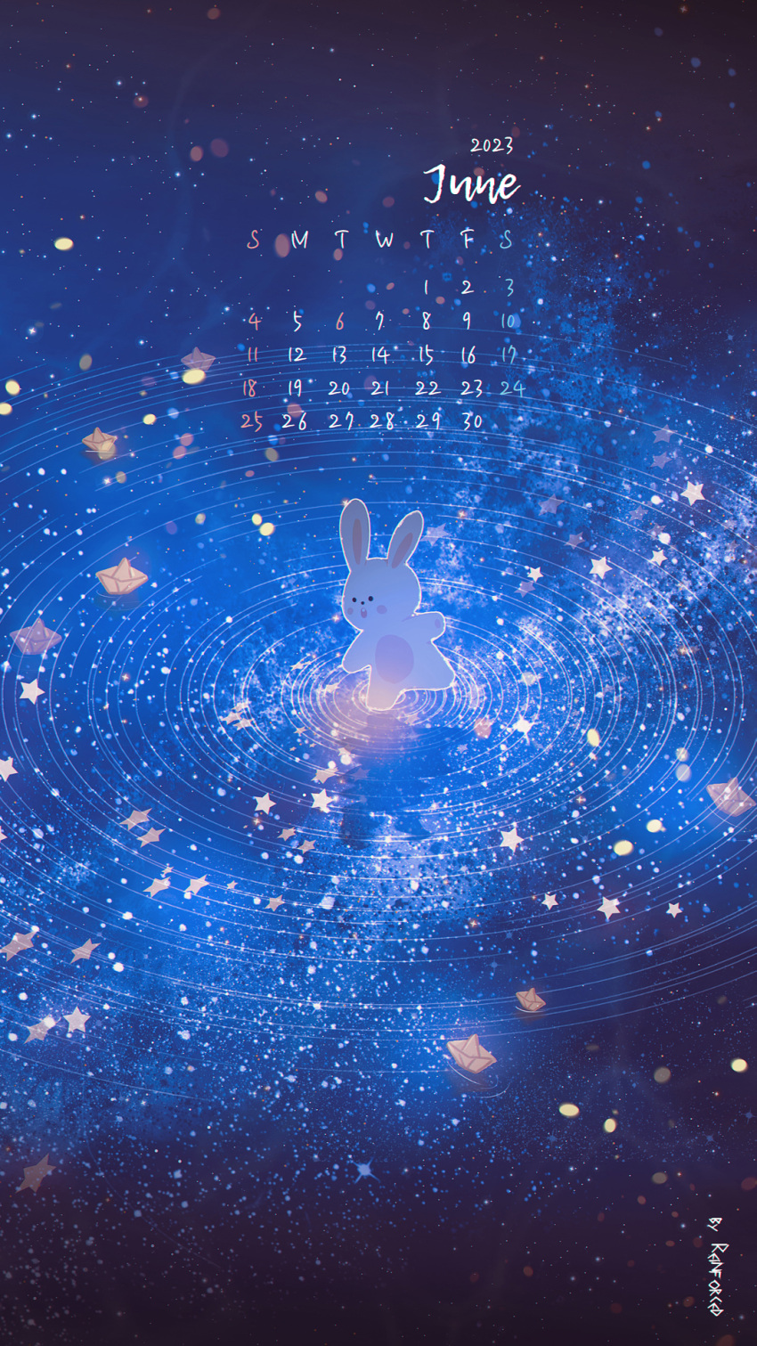 animal_focus artist_name calendar_(medium) galaxy highres light_particles nebula night night_sky no_humans original paper_boat rabbit reflection reflective_water reinforced ripples scenery sky sparkle star_(sky) star_(symbol) starry_sky wading watermark