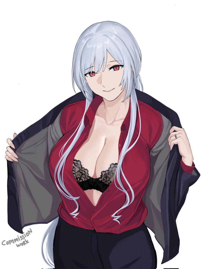 1girl ak-12_(girls'_frontline) ak-12_(lucia)_(girls'_frontline) black_jacket black_pants black_suit blazer bra breasts cleavage closed_mouth collarbone commission formal girls'_frontline grey_hair high-waist_pants highres jacket lace lace_bra large_breasts long_hair long_sleeves looking_at_viewer official_alternate_costume open_clothes open_jacket open_shirt pants purple_eyes red_shirt seilindekos shirt smile solo standing suit underwear undressing white_background