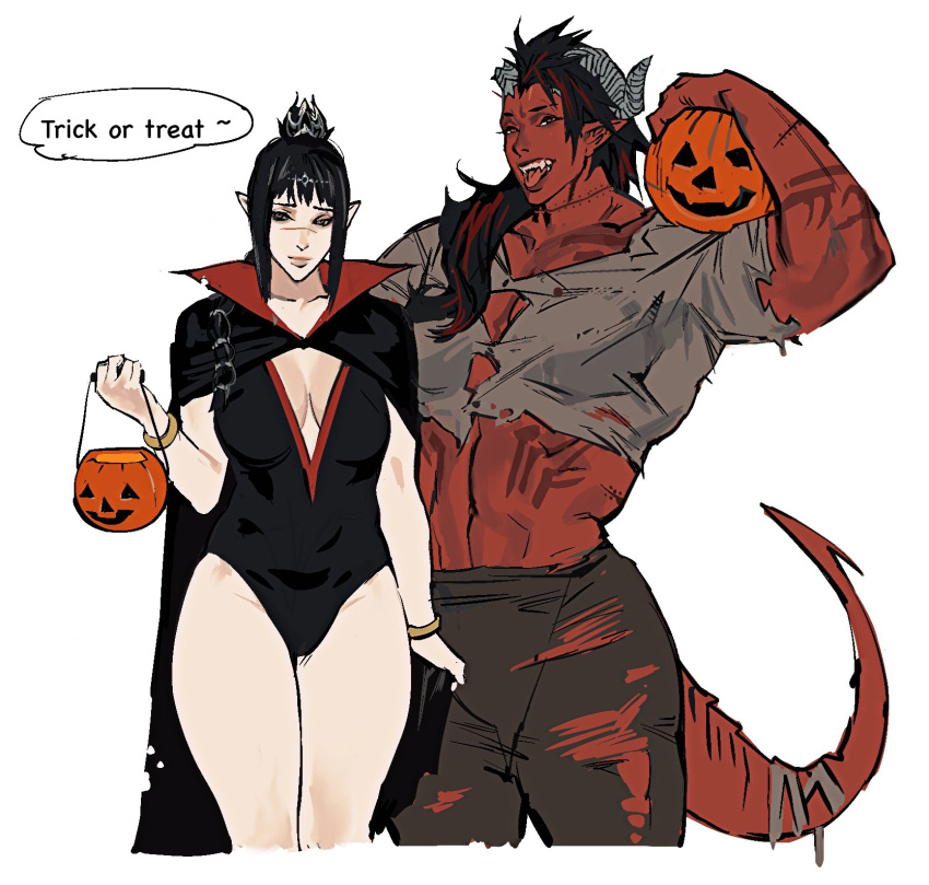 2girls abs baldur's_gate baldur's_gate_3 cape colored_skin demon_girl dungeons_and_dragons elf halloween highres horns karlach_(baldur's_gate) leotard multiple_girls muscular muscular_female pointy_ears pumpkin red_skin scar scar_on_face shadowheart_(baldur's_gate) torn_clothes vampire xinanfang217