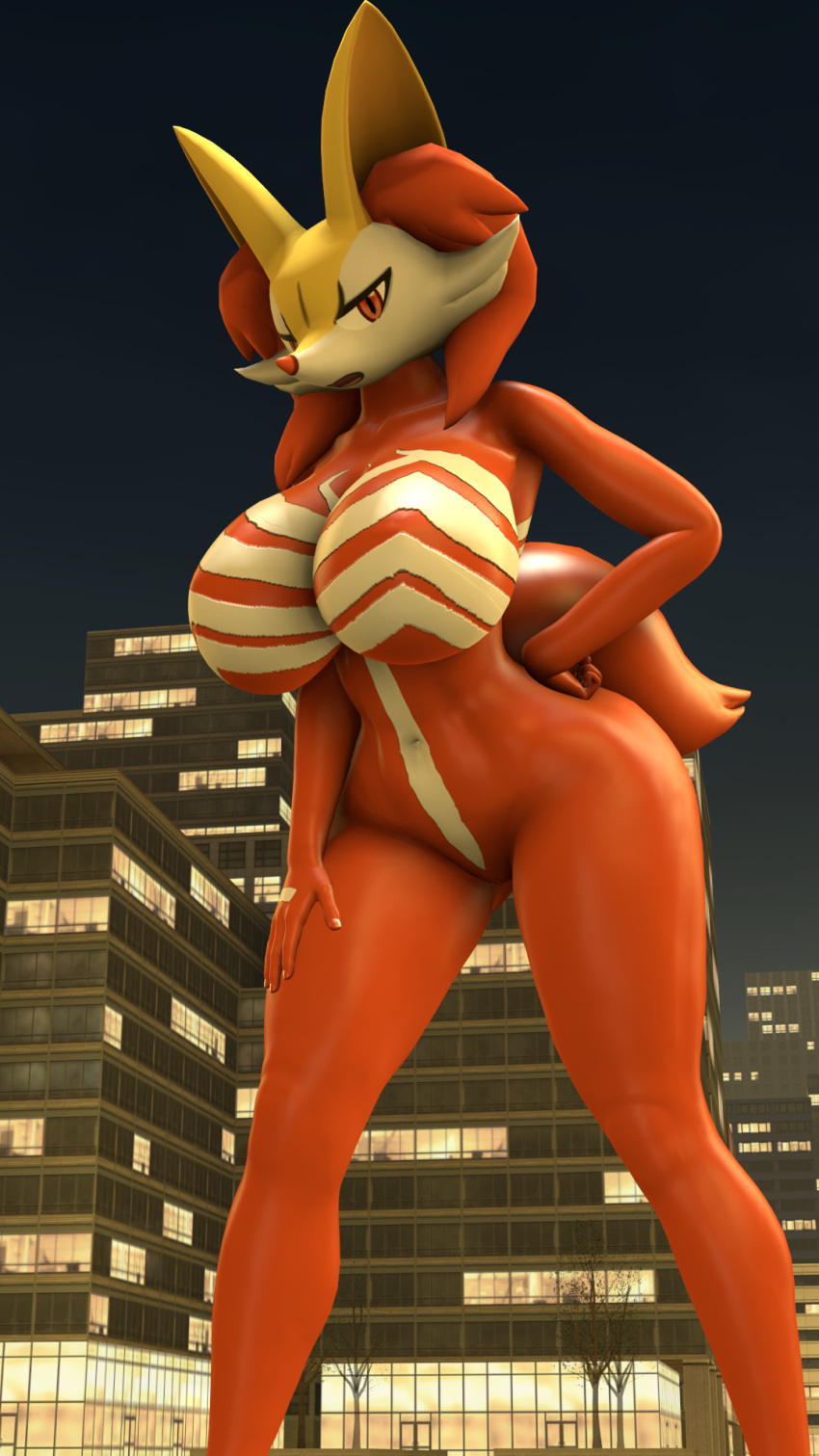 2023 3d_(artwork) 9:16 anthro braixen breasts city city_background digital_media_(artwork) featureless_breasts female fur generation_6_pokemon genitals hand_on_hip hand_on_leg hand_on_thigh hi_res looking_at_viewer nintendo open_mouth orange_body orange_eyes orange_fur orange_nose pokemon pokemon_(species) pokesymbiote pose pussy solo source_filmmaker standing symbiote white_body white_skin yellow_body yellow_skin
