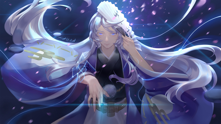 1boy black_kimono blue_background blue_eyes closed_mouth cowboy_shot diffraction_spikes egasumi falling_petals floating_hair folding_fan hakama hand_fan hand_up haori haori_himo holding holding_fan holding_shogi_piece jacket japanese_clothes kimono kisei_(onmyoji) li_jing long_hair looking_at_viewer male_focus onmyoji outstretched_hand petals purple_jacket shogi_piece solo string swept_bangs white_hair white_hakama wide_sleeves