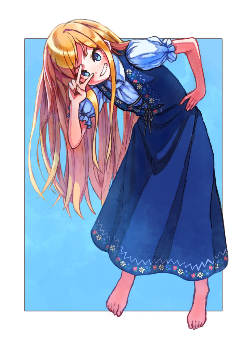 1girl barefoot blonde_hair blue_background blue_dress blue_eyes blush dress floral_print hand_on_hip hand_up highres leaning_forward long_hair looking_at_viewer neko_(hansinn) original pinafore_dress short_sleeves simple_background smile solo v very_long_hair