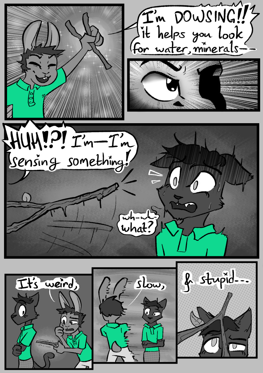 absurd_res anthro black_body clothed clothing comic dialogue digital_media_(artwork) dowsing_rod english_text felid female fur hair halcyon_(series) herba_(halcyon) hi_res lagomorph leporid lost_andsafe male mammal monochrome open_mouth rabbit shaking shivering simple_background soot_(halcyon) text