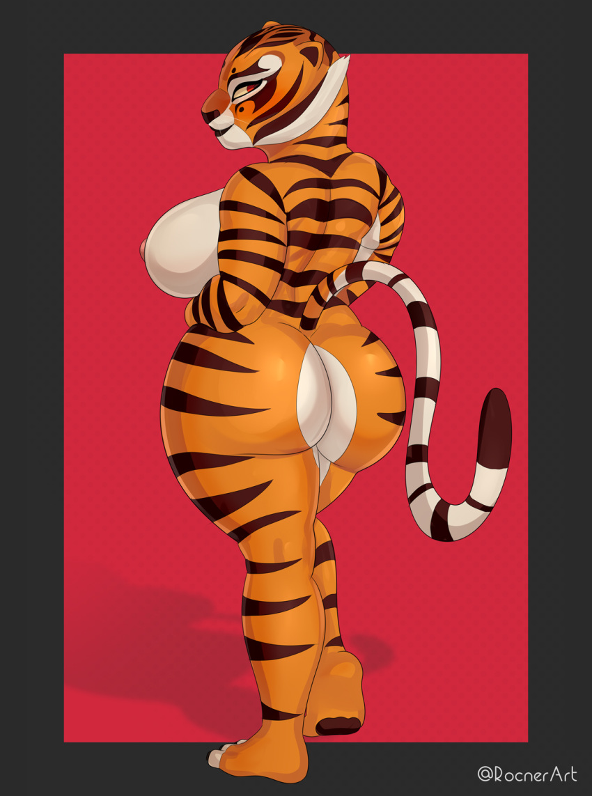 anthro big_breasts big_butt black_pupils breasts butt dipstick_tail dreamworks felid female hi_res huge_breasts kung_fu_panda looking_back mammal markings master_tigress multicolored_body nipples nude pantherine pink_nipples pupils red_eyes rocner side_boob smile solo striped_body striped_markings striped_tail stripes tail tail_markings thick_thighs tiger whiskers wide_hips yellow_sclera