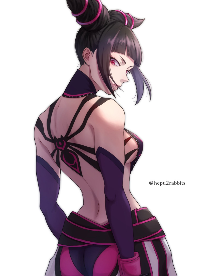 1girl armpit_crease artist_name back blunt_bangs breasts drill_hair elbow_gloves epuusa from_behind gloves han_juri highres looking_back medium_breasts purple_gloves red_hair sideboob sidelocks simple_background solo spider_tattoo street_fighter tattoo twin_drills twintails twitter_username white_background