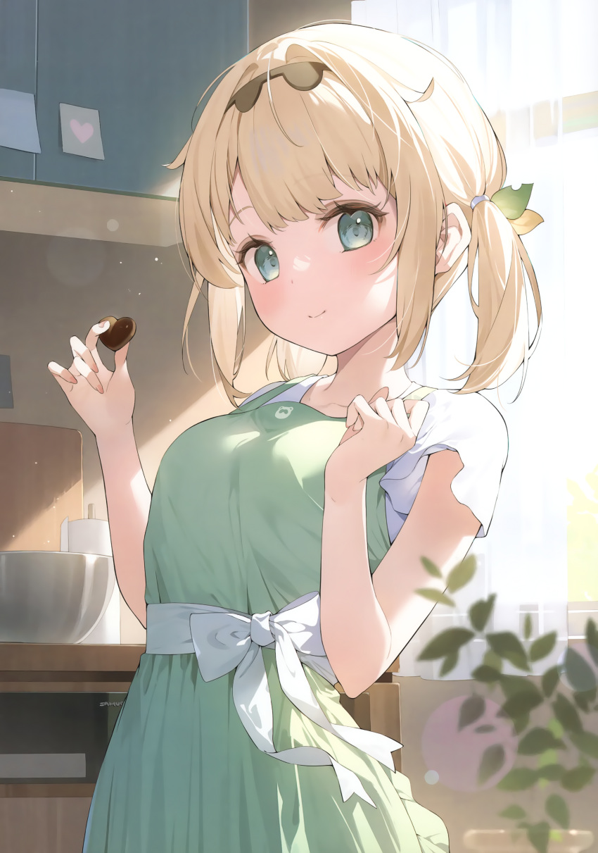 1girl absurdres aged_down apron aqua_eyes backlighting black_hairband blonde_hair blurry blush bow bowl breasts chocolate closed_mouth cowboy_shot curtains depth_of_field food green_apron hair_ornament hairband hana_mori hands_up heart highres holding holding_chocolate holding_food hololive kazama_iroha leaf leaf_hair_ornament looking_at_viewer medium_breasts medium_hair plant sash scan shirt short_sleeves side_ponytail sidelocks smile solo virtual_youtuber white_bow white_sash white_shirt window