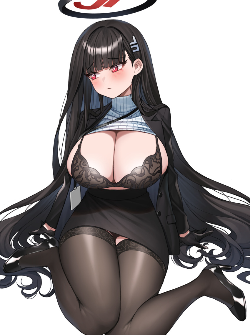 1girl absurdres black_hair black_pantyhose black_skirt blue_archive blunt_bangs blush bra breasts clothes_lift clothes_pull commission hair_ornament hairclip halo high_heels highres jacket lace-trimmed_bra lace_trim large_breasts long_hair long_sleeves looking_to_the_side nanni_jjang pantyhose pleated_skirt red_eyes ribbed_sweater rio_(blue_archive) simple_background skirt solo sweater sweater_lift sweater_pull turtleneck turtleneck_sweater underwear very_long_hair white_background white_sweater