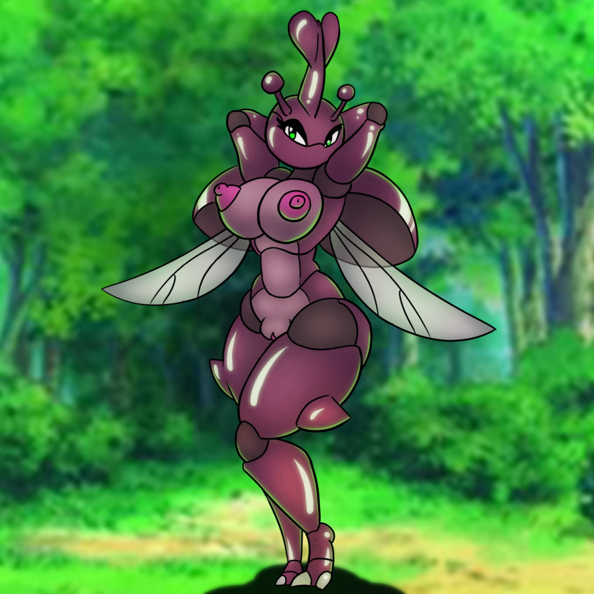 2_toes absurd_res anthro arthropod blurred_background breasts bugzilla detailed_background eyelashes feet female forest forest_background generation_2_pokemon genitals glistening glistening_body grass green_eyes heracross hi_res multicolored_body nature nature_background nintendo nipples pink_nipples pink_pussy plant pokemon pokemon_(species) purple_body pussy shiny_pokemon solo toes tree two_tone_body wings