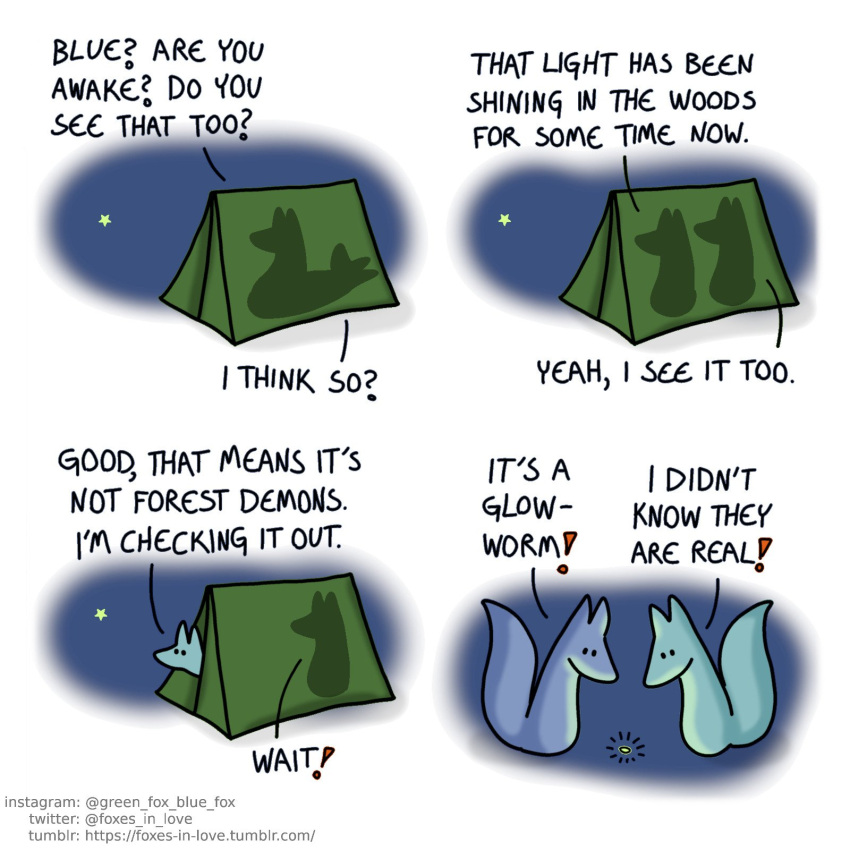 ambiguous_gender black_eyes blue_body blue_fox_(foxes_in_love) blue_fur camping_tent canid canine dialogue dot_eyes duo english_text feral four_frame_image four_frame_sequence fox foxes_in_love fur green_body green_fox_(foxes_in_love) green_fur hi_res looking_aside looking_down male_(lore) mammal simple_background simple_eyes tail text