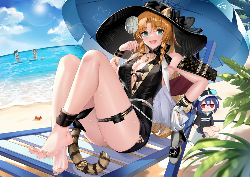 3girls absurdres animal_ears arknights barefoot beach beach_chair beach_umbrella black_headwear black_one-piece_swimsuit blue_sky blush bracelet breasts center_opening ch'en_(arknights) ch'en_the_holungday_(arknights) character_doll cleavage cloud cloudy_sky day drill_hair drill_sidelocks ears_through_headwear flower green_eyes hair_flower hair_ornament hand_up hat highres holding_shoe hoshiguma_(arknights) io_(wadm5455) jewelry large_breasts leaf long_hair looking_at_viewer multiple_girls nail_polish necklace official_alternate_costume one-piece_swimsuit open_mouth orange_hair outdoors pedicure sidelocks sky solo_focus sunlight swimsuit swire_(arknights) swire_the_elegant_wit_(arknights) tail thighs tiger_ears tiger_girl tiger_tail toenail_polish toenails toes umbrella unworn_footwear very_long_hair white_flower