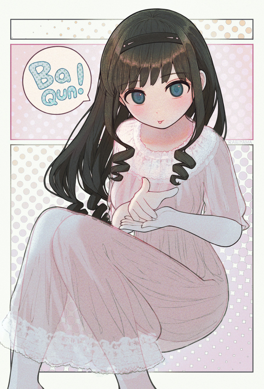 1girl :p absurdres amagami black_hair blue_eyes blush breasts dress feet_out_of_frame finger_gun hairband highres long_hair looking_at_viewer medium_breasts morishima_haruka nightgown rabiyamarabi ringlets romaji_text see-through see-through_dress smile solo speech_bubble spoken_sound_effect tongue tongue_out white_dress