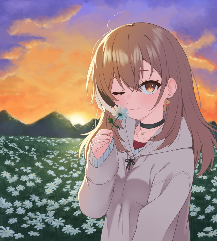 1girl absurdres ahoge berry black_choker brown_eyes brown_hair brown_hoodie choker cloud cloudy_sky crossed_bangs earrings field fingernails flower flower_field food-themed_earrings highres holding holding_flower hololive hololive_english hood hoodie jewelry long_hair looking_at_viewer mountainous_horizon multicolored_hair nanashi_mumei nanashi_mumei_(3rd_costume) necklace official_alternate_costume one_eye_closed oversized_clothes red_shirt shirt sky sleeves_past_wrists smelling_flower streaked_hair sweater twilight ugaaaa5 virtual_youtuber white_sweater wide_sleeves