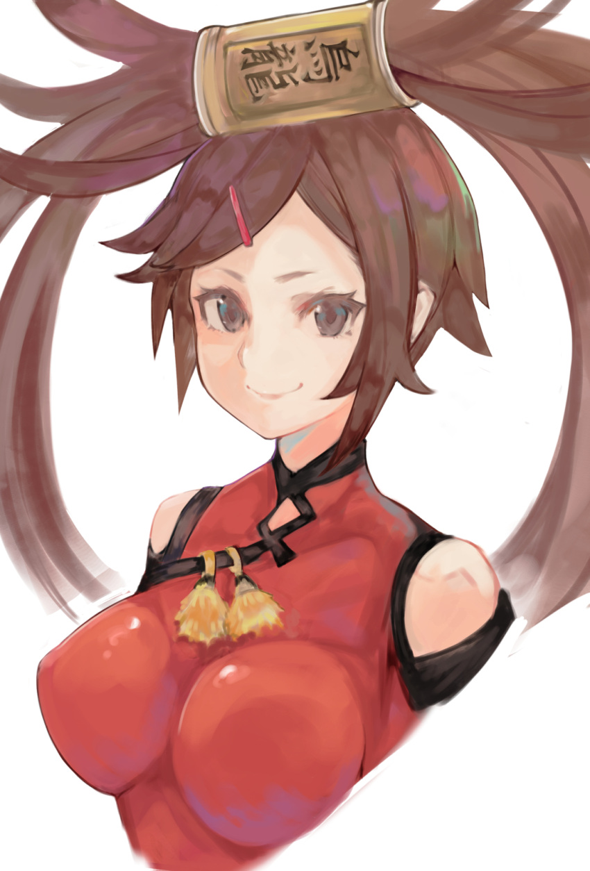 1girl bare_shoulders breasts brown_hair china_dress chinese_clothes covered_nipples dress guilty_gear guilty_gear_xrd hair_ornament hairclip highres kuradoberi_jam large_breasts levvellevvel long_hair looking_at_viewer simple_background skin_tight smile solo upper_body white_background