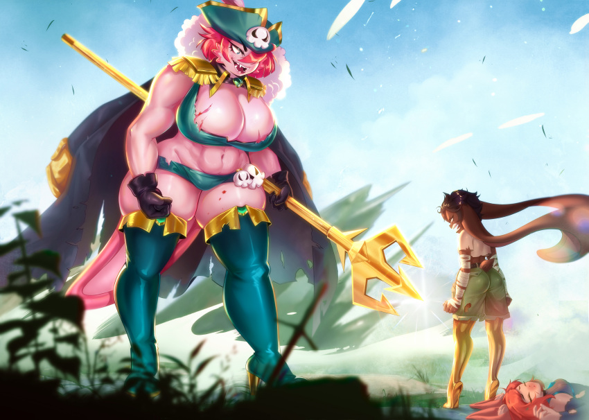 absurd_res akula_tayfun amphibian anthro aquatic_gastropod axolotl bandage bandaged_arm big_breasts blood bodily_fluids bone boots bottomwear breasts cleavage clothed clothing coriander_steppe crop_top defeated detailed_background female fist footwear gastropod gold_(metal) group hi_res huge_breasts hybrid jacket jacket_on_shoulders jorunna_parva juliayoon lagomorph legwear leporid lying mammal marine melee_weapon mole_salamander mollusk muscular muscular_female nudibranch on_back one_piece parody pirate pitaya_taiga polearm prosthetic prosthetic_leg prosthetic_limb rabbit redraw salamander scar sea_slug shirt shorts size_difference skindentation skull slug thigh_boots thigh_highs tomboy topwear torn_clothing trident trio weapon wide_hips