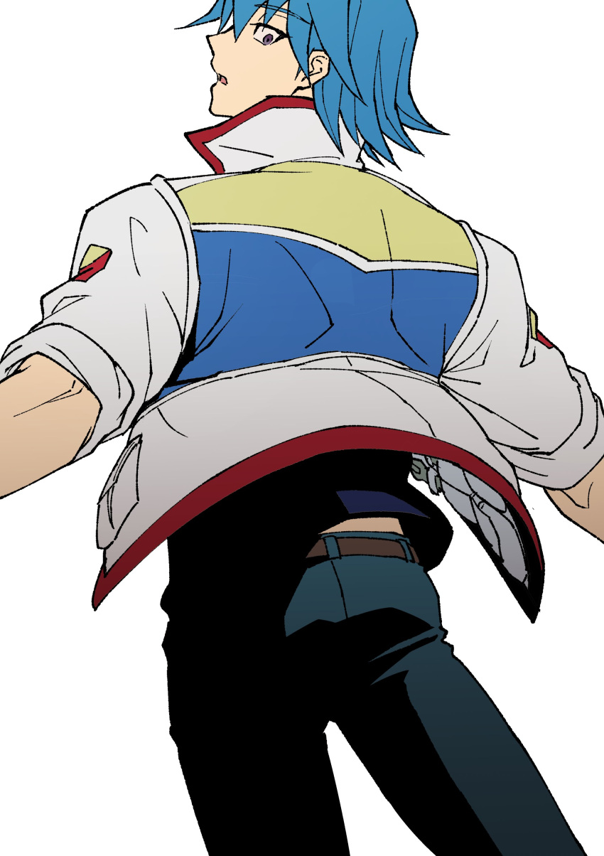 1boy absurdres belt blue_hair blue_pants blue_shirt bruno_(yu-gi-oh!) from_behind high_collar highres jacket leather_belt looking_back male_focus midriff_peek outstretched_arms pants parted_lips pocket purple_eyes running shirt short_hair simple_background sleeves_rolled_up solo standing tools utility_vest white_background white_jacket wrench youko-shima yu-gi-oh! yu-gi-oh!_5d's