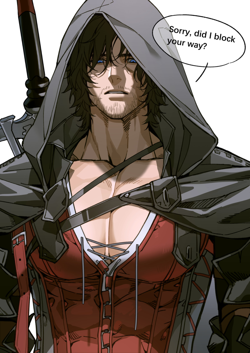 1boy absurdres bara black_cape black_hair cape clive_rosfield english_text facial_hair fan_mu_zhang final_fantasy final_fantasy_xvi highres hood hood_up hooded_cape huge_pectorals large_pectorals looking_at_viewer male_focus muscular muscular_male pectorals red_shirt shirt short_hair solo sword weapon weapon_on_back