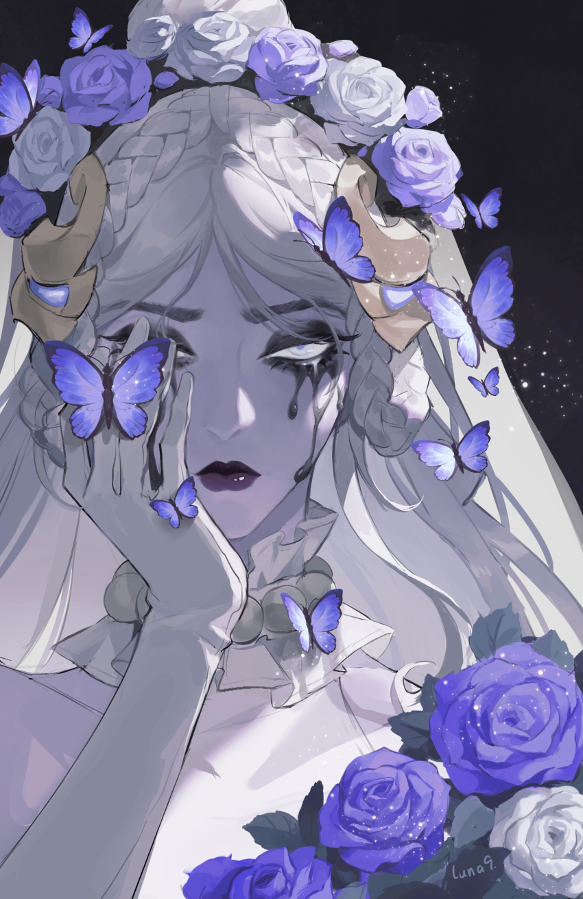 1girl 2023 absurdres artist_name black_mascara braid bridal_veil bride bug butterfly covering_one_eye dress flower gloves highres luna-9 makeup mascara overwatch overwatch_2 purple_flower purple_rose rose solo tears veil wedding_dress white_dress white_flower white_gloves white_hair white_rose widowmaker_(overwatch)