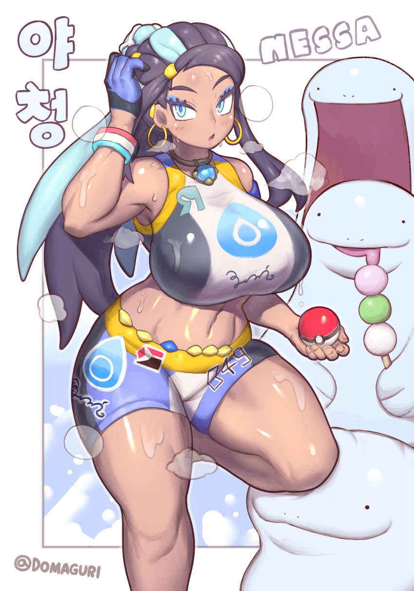 1girl :o absurdres bare_shoulders black_hair blue_eyes blue_eyeshadow blue_hair breasts character_name crop_top domaguri earrings eyeshadow highres holding holding_poke_ball hoop_earrings jewelry large_breasts makeup midriff multicolored_hair navel nessa_(pokemon) poke_ball poke_ball_(basic) pokemon pokemon_(creature) pokemon_(game) pokemon_swsh quagsire short_shorts shorts sweat two-tone_hair