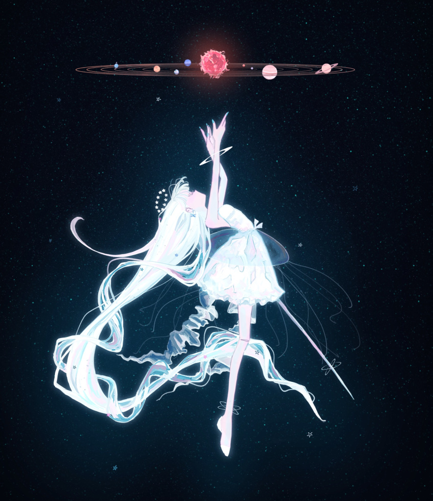 1girl ballet_slippers bare_shoulders blonde_hair dress floating full_body hair_ornament hairclip highres ivelovedsekaowa long_hair orbital_path original planet profile saturn_(planet) sky sleeveless sleeveless_dress solar_system solo space star_(sky) star_(symbol) starry_sky sun very_long_hair white_dress