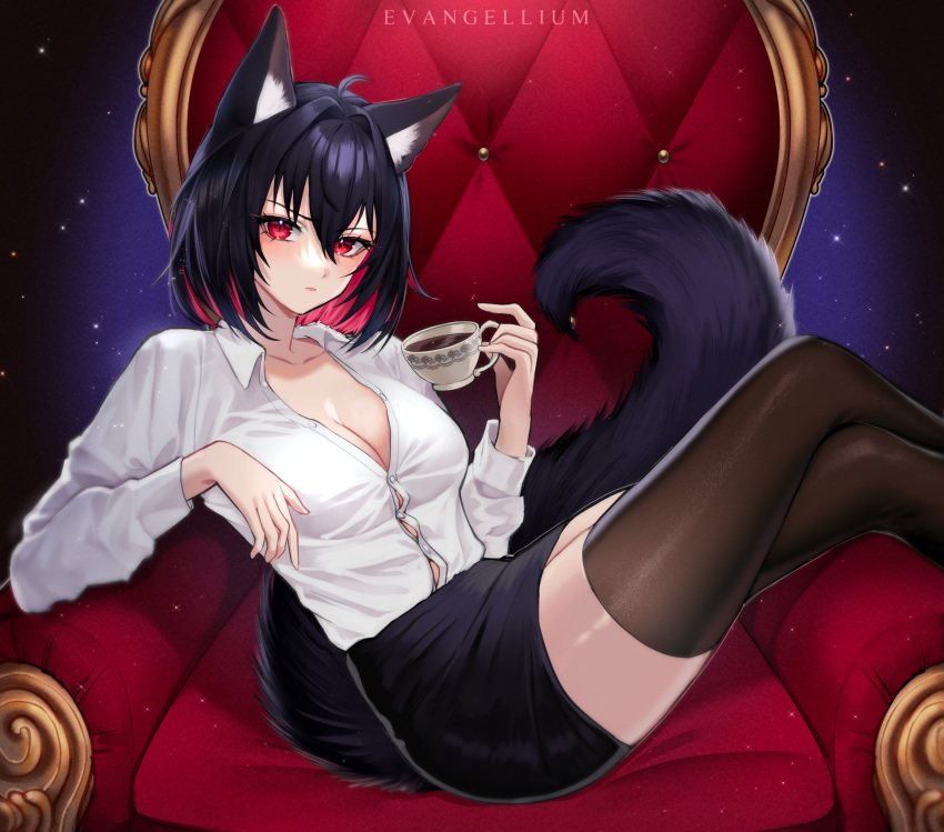 1girl absurdres akame_(vtuber) animal_ear_fluff animal_ears antenna_hair artist_name black_hair black_skirt black_thighhighs breasts button_gap cleavage closed_mouth collarbone collared_shirt colored_inner_hair commission cup dress_shirt evangellium fox_ears fox_tail hair_between_eyes highres holding holding_cup indie_virtual_youtuber light_blush long_sleeves looking_at_viewer medium_breasts multicolored_hair partially_unbuttoned pencil_skirt red_eyes red_hair shirt short_hair skirt solo tail teacup thighhighs throne virtual_youtuber white_shirt wing_collar