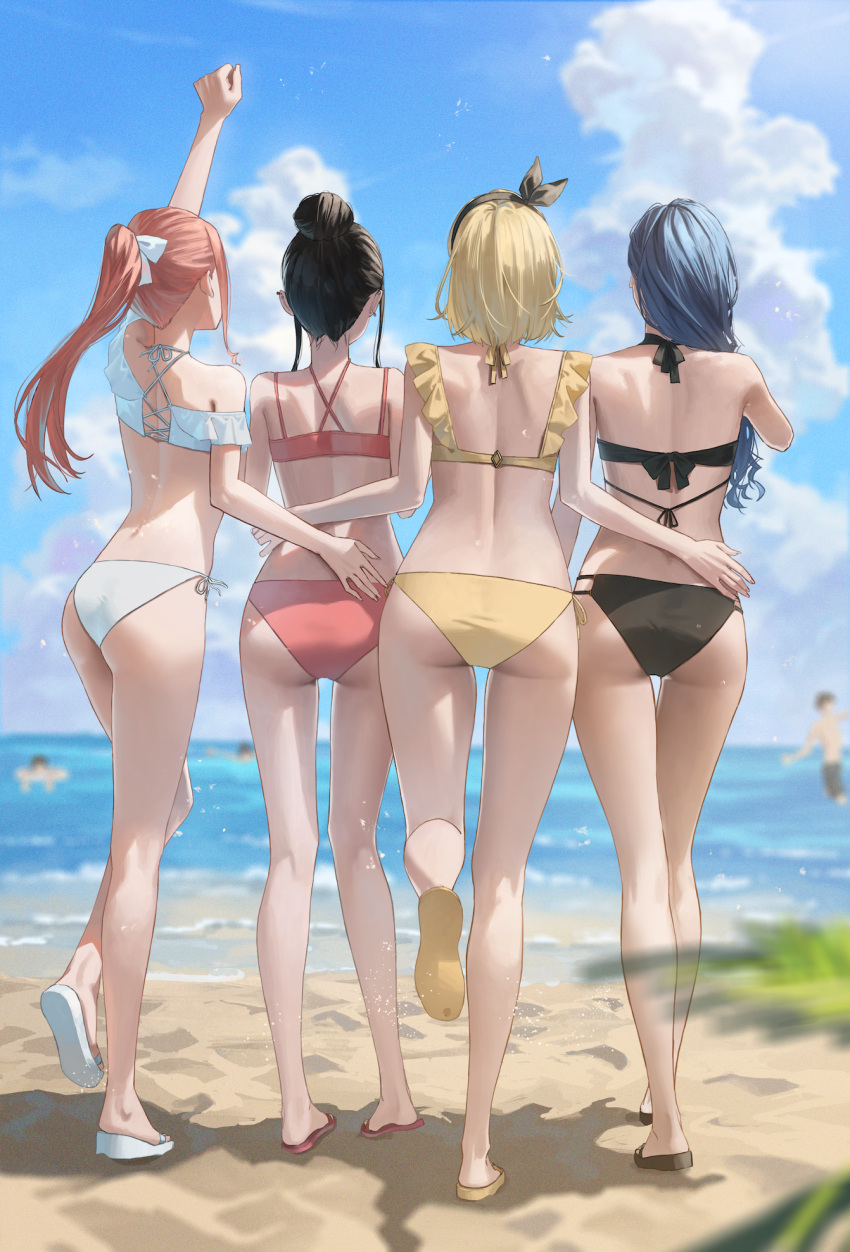 4girls arm_around_waist arm_up ass bare_legs beach bikini blurry blurry_background bow clenched_hand cloud commentary_request criss-cross_back-straps cross-laced_bikini cross-laced_clothes cross-laced_slit cumulonimbus_cloud day enokawa_kokoro facing_away feet fist_pump flip-flops footprints frilled_bikini frills from_behind full_body girl_sandwich group_picture hair_bow hair_bun hair_over_shoulder hand_on_another's_back hara_kenshi highres horizon kimishima_touka kneepits kunitomi_ryouka kuroba_mitsuha leg_lift legs lineup looking_afar median_furrow multi-strapped_bikini_bottom multiple_girls nape original outdoors outstretched_arm people ponytail raised_fist sand sandals sandwiched short_hair shoulder_blades side-tie_bikini_bottom single_hair_bun standing standing_on_one_leg swimsuit