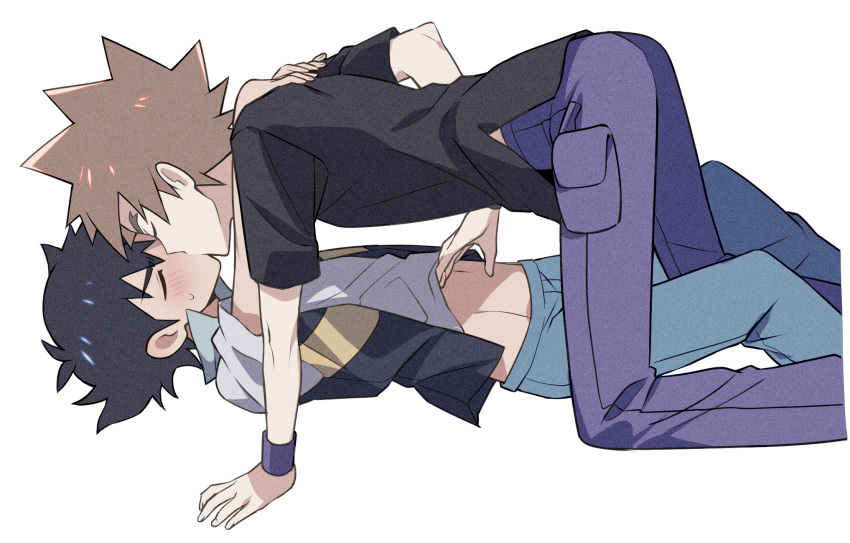 2boys all_fours ash_ketchum black_hair black_shirt blush brown_hair closed_eyes clothes_lift commentary_request from_side gary_oak highres jacket kiss lifted_by_another male_focus multiple_boys navel pants pokemon pokemon_(anime) pokemon_dppt_(anime) popped_collar purple_pants purple_wristband shirt shirt_lift short_hair short_sleeves spiked_hair sweatdrop tuze111 white_background yaoi