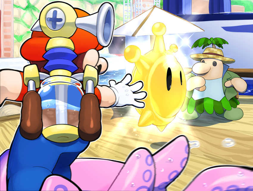 2boys blooper_(mario) blue_overalls boat brown_footwear f.l.u.d.d. facial_hair gloves hat highres hoshi_(star-name2000) mario mario_(series) multiple_boys mustache overalls pianta red_headwear shine_sprite super_mario_sunshine watercraft