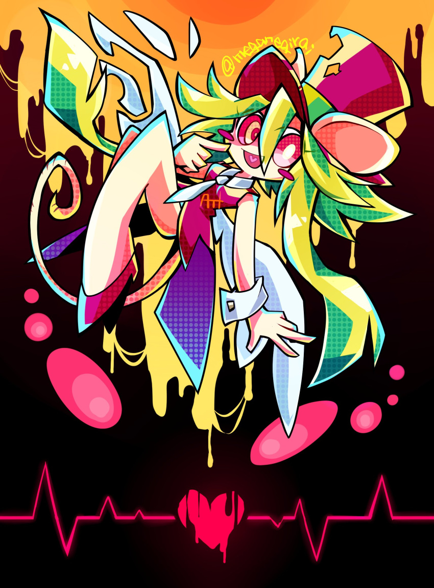 1girl animal_ears black_background blush_stickers crazy_eyes green_hair hair_between_eyes hat heart heart_in_mouth high_heels highres jacket long_hair mad_rat_dead meganegirai mouse_ears mouse_girl mouse_tail necktie rat_god_(mad_rat_dead) red_footwear red_jacket signature sleeveless sleeveless_jacket solo tail top_hat white_necktie white_wings wings wrist_cuffs