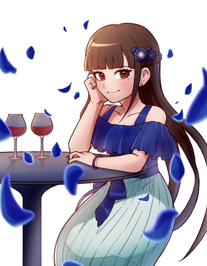 1girl bare_shoulders blue_flower blue_nails blue_shirt bracelet brown_hair collarbone cup danganronpa_(series) danganronpa_10th_anniversary_costume danganronpa_v3:_killing_harmony drinking_glass flower hair_flower hair_ornament harukawa_maki highres jewelry kirin_(suzoke_1) long_hair mole mole_under_eye nail_polish official_alternate_hairstyle petals pleated_skirt red_eyes shirt sitting skirt smile solo table white_skirt wine_glass