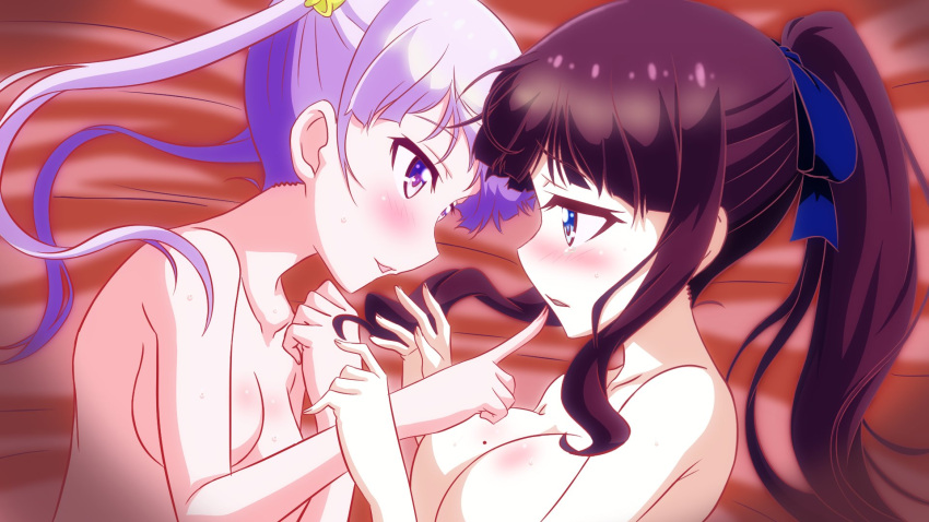 2girls blush breasts collarbone highres large_breasts long_hair looking_at_another lying medium_breasts mole mole_on_breast multiple_girls new_game! on_side open_mouth ponytail purple_eyes purple_hair suzukaze_aoba takefumi takimoto_hifumi twintails upper_body yuri