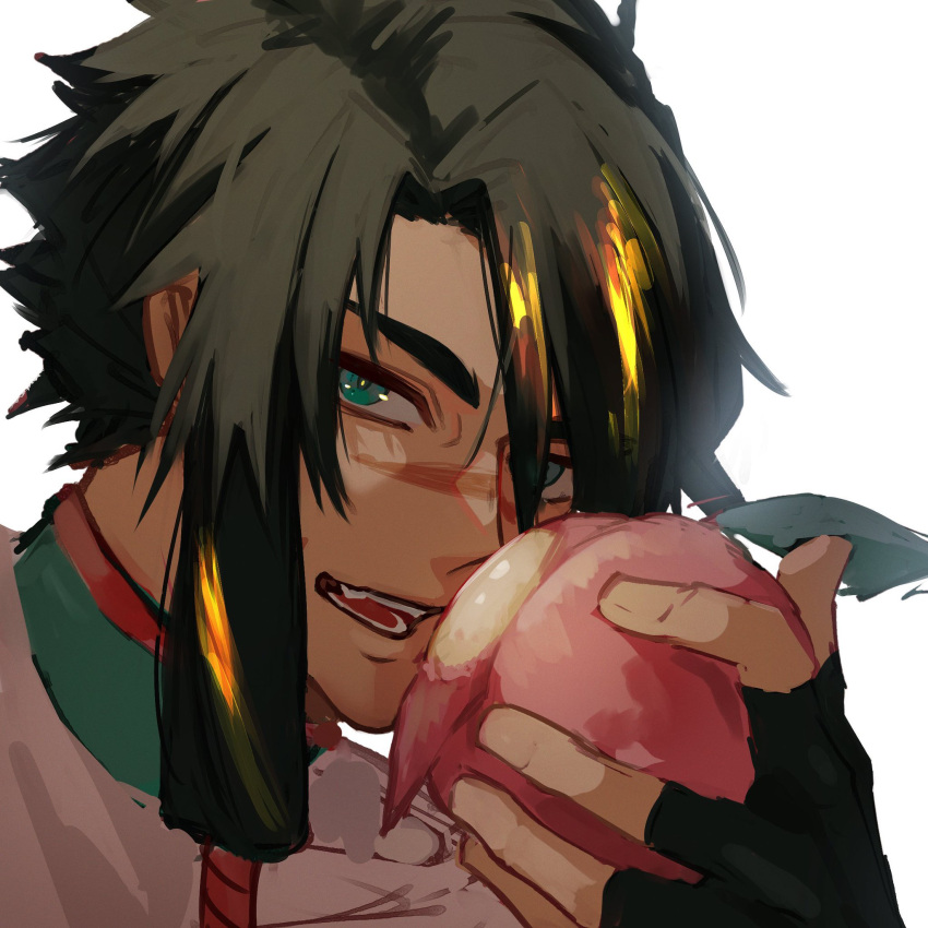 1boy black_hair blonde_hair blue_eyes dark-skinned_male dark_skin fate/grand_order fate_(series) food front_ponytail fruit hair_between_eyes hand_up haruakira highres holding holding_food holding_fruit huang_feihu_(fate) long_hair looking_at_viewer male_focus multicolored_hair open_mouth peach portrait scar scar_on_cheek scar_on_face scar_on_nose solo streaked_hair thick_eyebrows toned toned_male