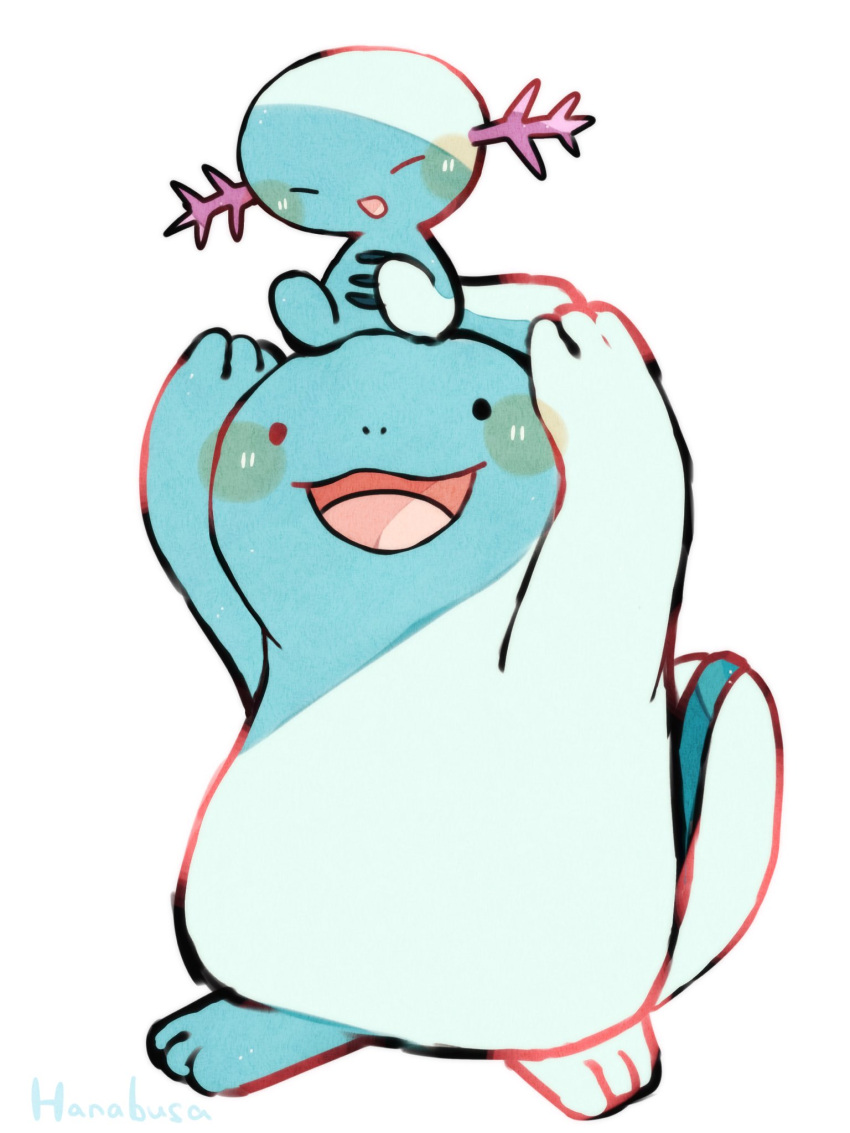 :d animal_focus blue_skin closed_eyes colored_skin commentary_request evolutionary_line hanabusaoekaki highres no_humans on_head open_mouth pokemon pokemon_(creature) pokemon_on_head quagsire simple_background smile solid_circle_eyes tail white_background wooper