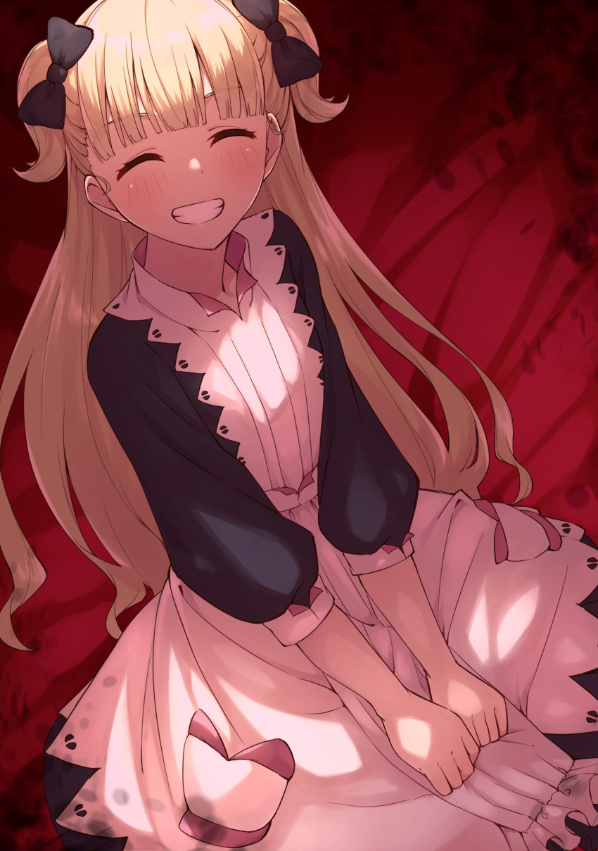 1girl ^_^ absurdres apron bed_sheet black_bow black_dress blonde_hair blunt_bangs blush bow center_frills clenched_hands closed_eyes commentary dress emilico_(shadows_house) facing_viewer frills grin hair_bun half_updo highres juliet_sleeves long_hair long_sleeves looking_at_viewer own_hands_together puffy_sleeves red_sheet shadows_house sitting smile solo tamago_sando two_side_up very_long_hair white_apron