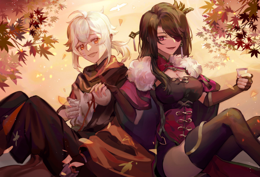 1boy 1girl beidou_(genshin_impact) black_gloves black_pants black_scarf black_thighhighs breasts capelet cight cleavage cup earrings elbow_gloves eyepatch fingerless_gloves fur-trimmed_capelet fur_trim genshin_impact gloves grey_shirt hair_ornament hair_stick holding holding_cup holding_jug jewelry kaedehara_kazuha leaf maple_leaf medium_breasts multicolored_hair one_eye_covered orange_hair pants ponytail red_capelet red_eyes red_skirt scarf shirt single_earring sitting skirt smile streaked_hair tassel tassel_earrings thighhighs white_hair
