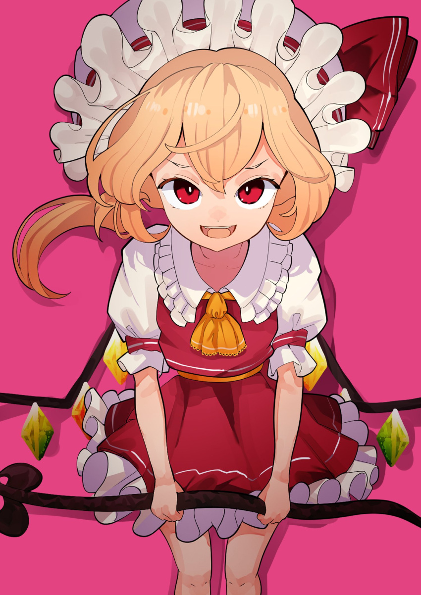 1girl blonde_hair dress flandre_scarlet frilled_dress frills hat highres looking_at_viewer mob_cap pink_background rainbow_wings red_dress red_eyes shirt smile solo suarokin touhou white_headwear white_shirt
