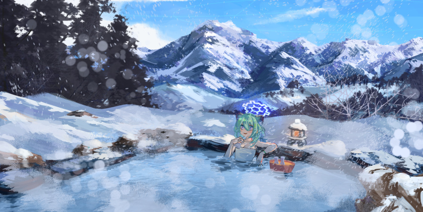 12cat 1girl absurdres blue_archive blue_halo day green_hair hair_between_eyes halo highres naked_towel onsen open_mouth outdoors purple_eyes shigure_(blue_archive) shigure_(hot_spring)_(blue_archive) short_hair solo tokkuri towel water white_towel