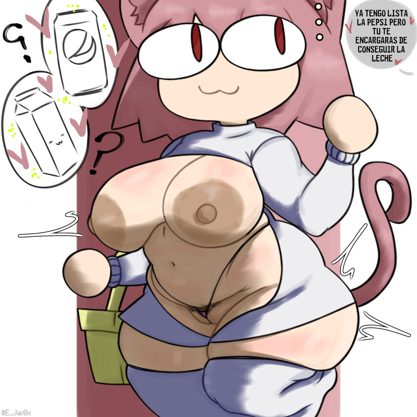 absurd_res age_difference animal_humanoid big_breasts big_butt breasts butt cat_humanoid clothing ejavvox exposed_breasts felid felid_humanoid feline feline_humanoid female floating_hearts hair hi_res huge_thighs humanoid legwear mammal mammal_humanoid motion_lines navel neco-arc_destiny neco_spirit offscreen_character older_female pink_hair pubes question_mark red_eyes short_hair solo spanish_text squish sweater text thick_thighs thigh_gap thigh_highs thigh_squish topwear