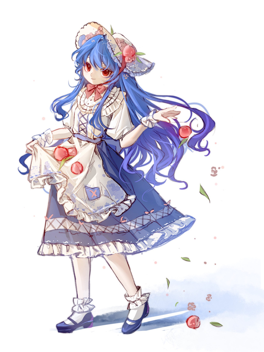 1girl 80isiiii absurdres apron blue_footwear blue_hair blue_skirt closed_mouth full_body hat highres hinanawi_tenshi long_hair puffy_short_sleeves puffy_sleeves red_eyes shirt shoes short_sleeves simple_background skirt smile socks solo touhou waist_apron white_apron white_background white_headwear white_shirt white_socks