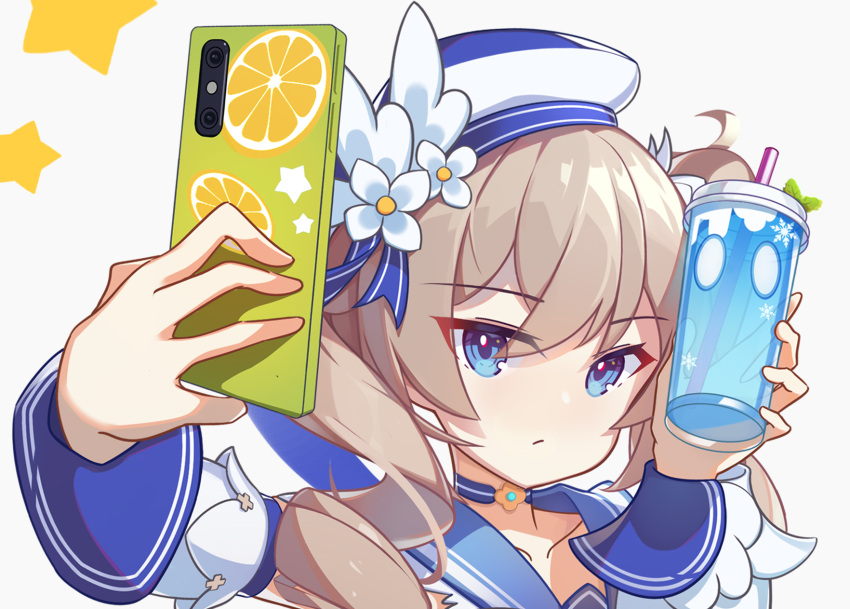 1girl barbara_(genshin_impact) blue_eyes brown_hair genshin_impact hat highres holding holding_phone kilo_(pixiv) phone selfie simple_background solo white_background white_headwear